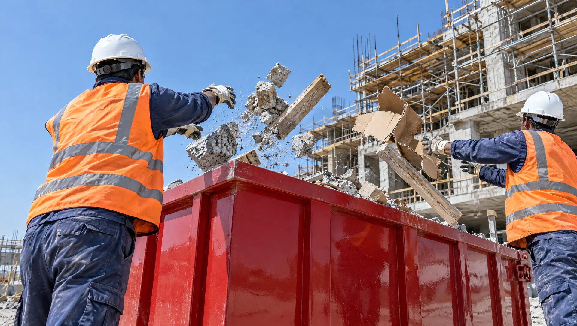 Workers preparing a waste container on a project site